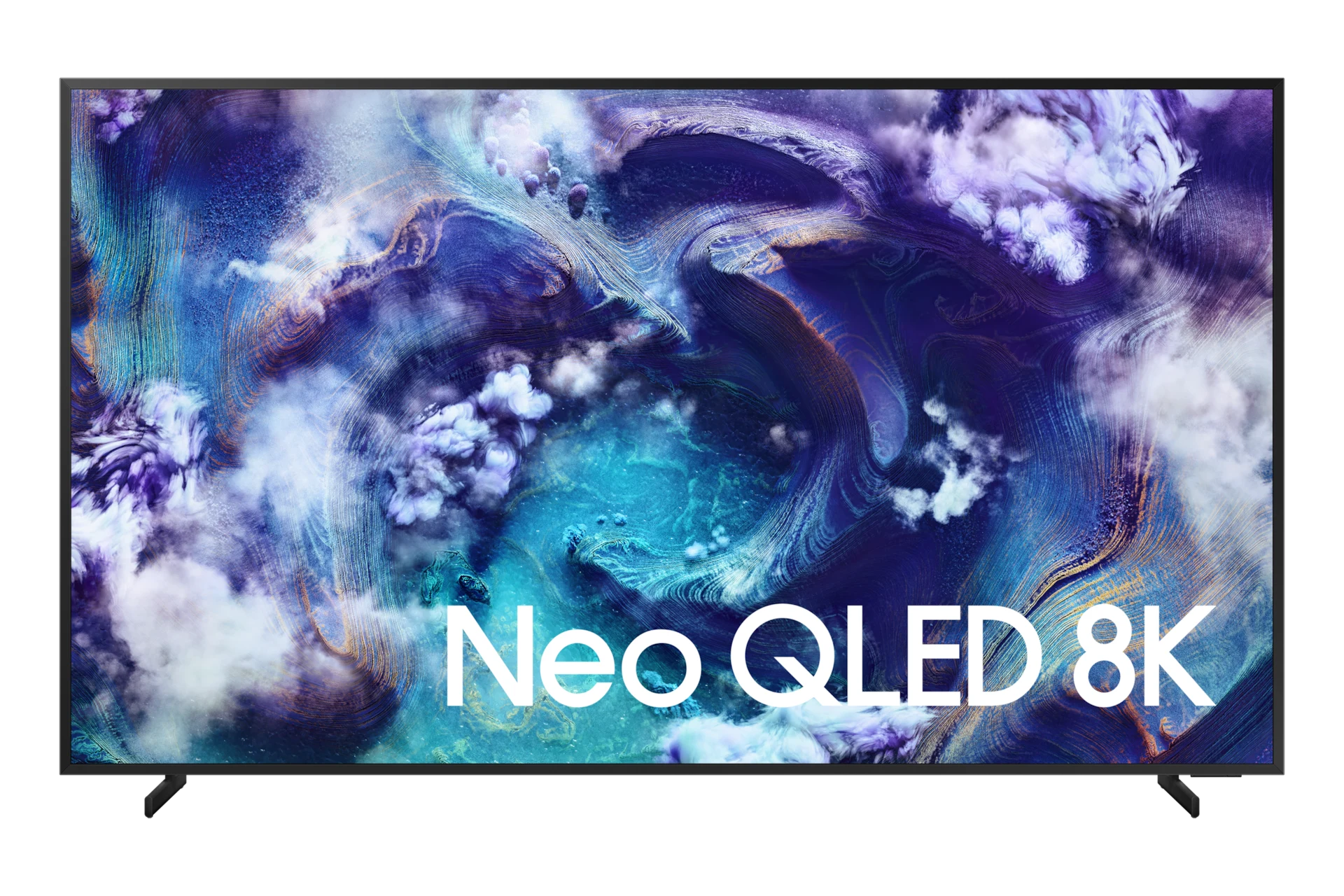The Neo QLED 8K QN900F shown straight on with a blue and purple cloud-like abstract wallpaper and 'Neo QLED 8K' text on screen, on its dual-leg stand.