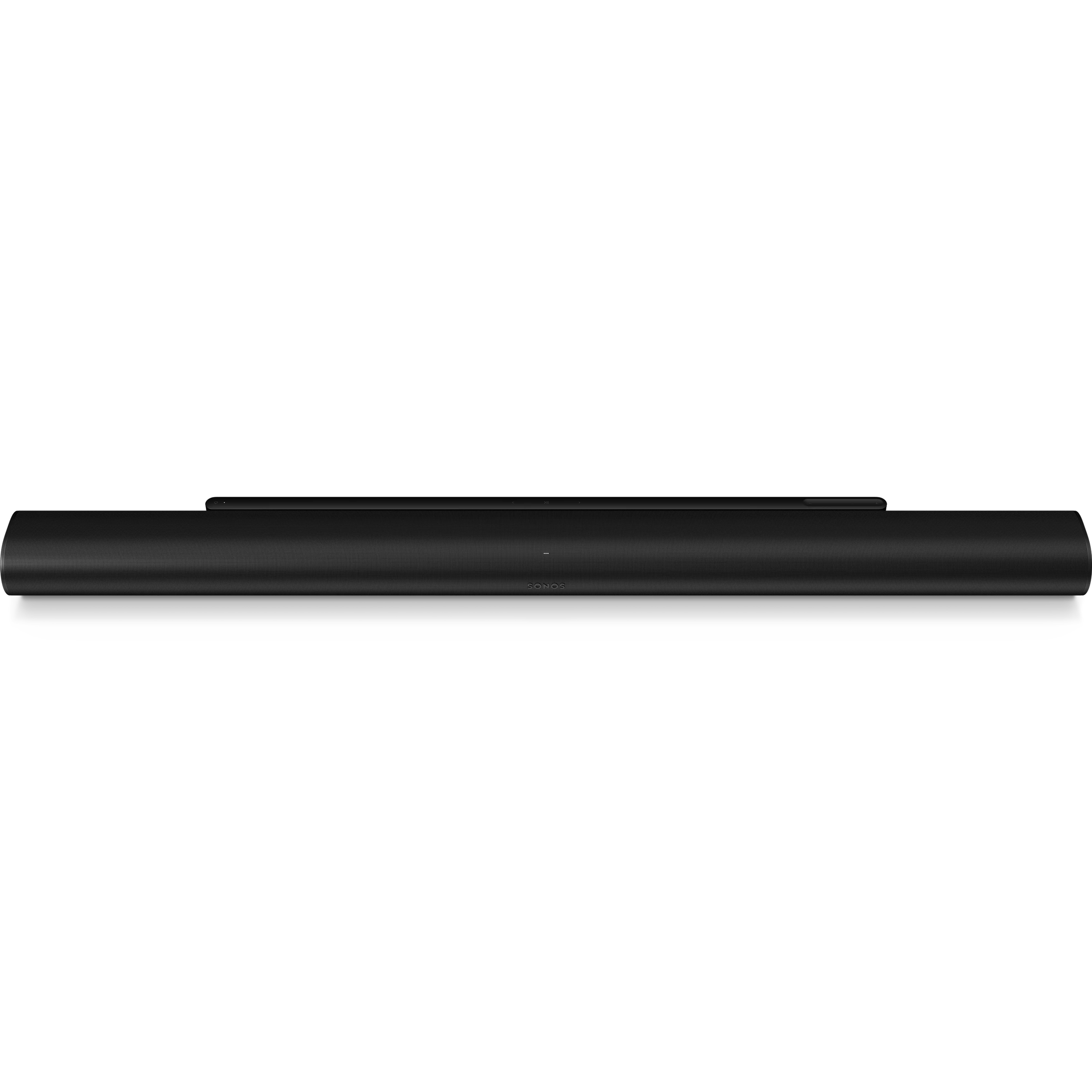 Straight-on front view of a black Sonos Arc Ultra soundbar, showing its long curved cylindrical shape and perforated mesh surface.