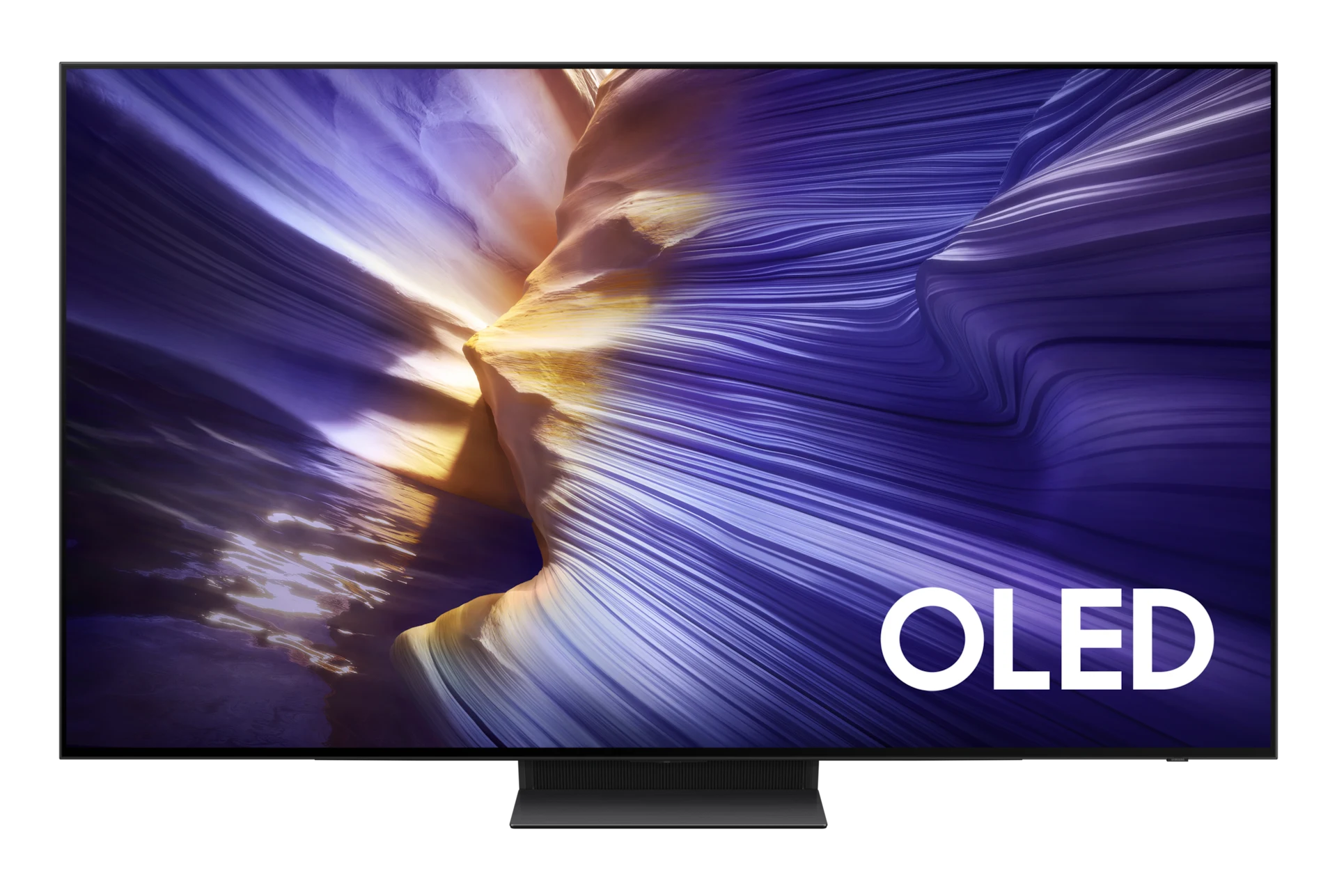 Samsung OLED S90F front view with a purple and gold abstract canyon image on screen and an OLED logo