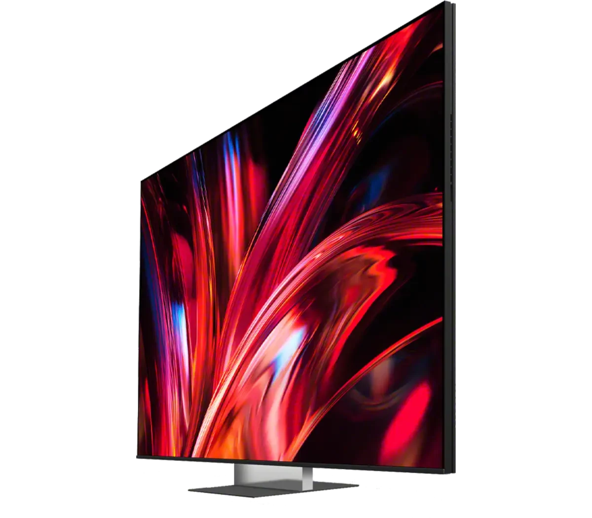 Dramatic side-angle view of the BRAVIA 9 II screen showing red and blue abstract artwork, with the thin bezel and stand visible.