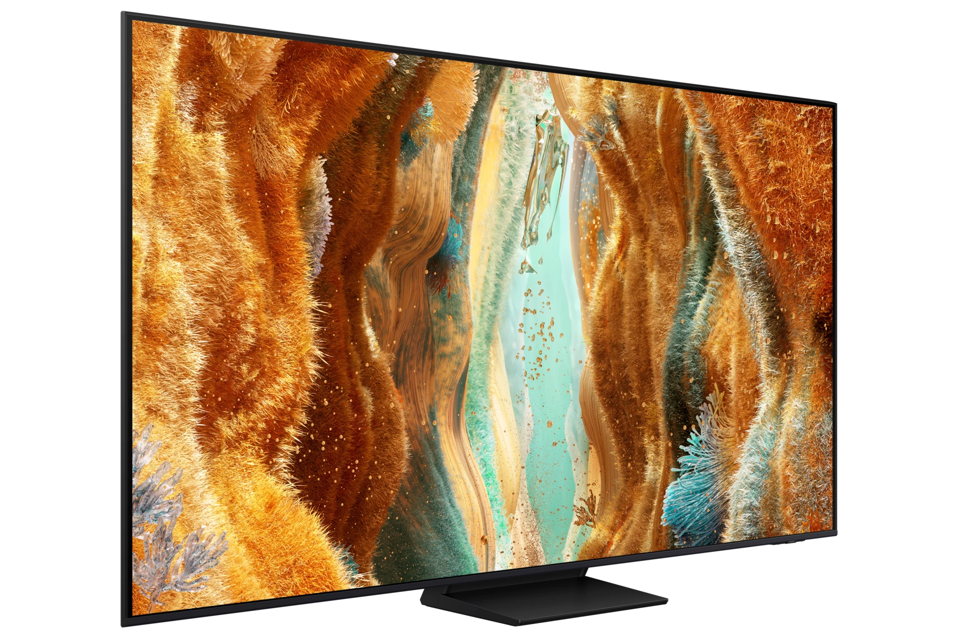 Samsung Neo QLED QN70F viewed from a three-quarter angle, showing the slim bezel and center pedestal stand