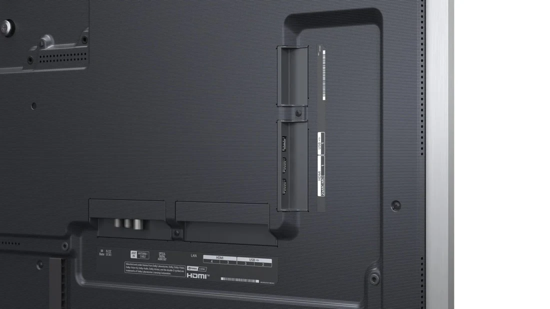 Close-up angled view of the LG G6 OLED TV's rear HDMI and USB port panel