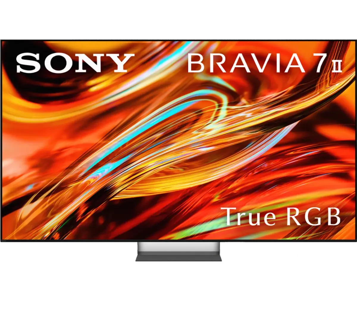 Front view of the Sony BRAVIA 7 II on its stand, screen showing vivid orange and gold abstract artwork with SONY, BRAVIA 7 II and True RGB branding overlaid.