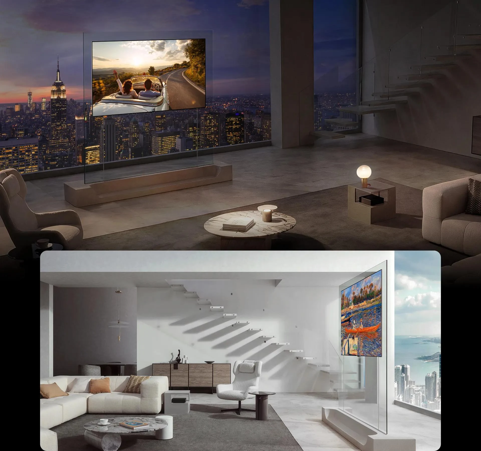 Two stacked lifestyle scenes of the LG OLED W6 mounted wirelessly on glass: a nighttime city-view penthouse playing a sunset road-trip scene, and a bright room with a landscape painting on screen