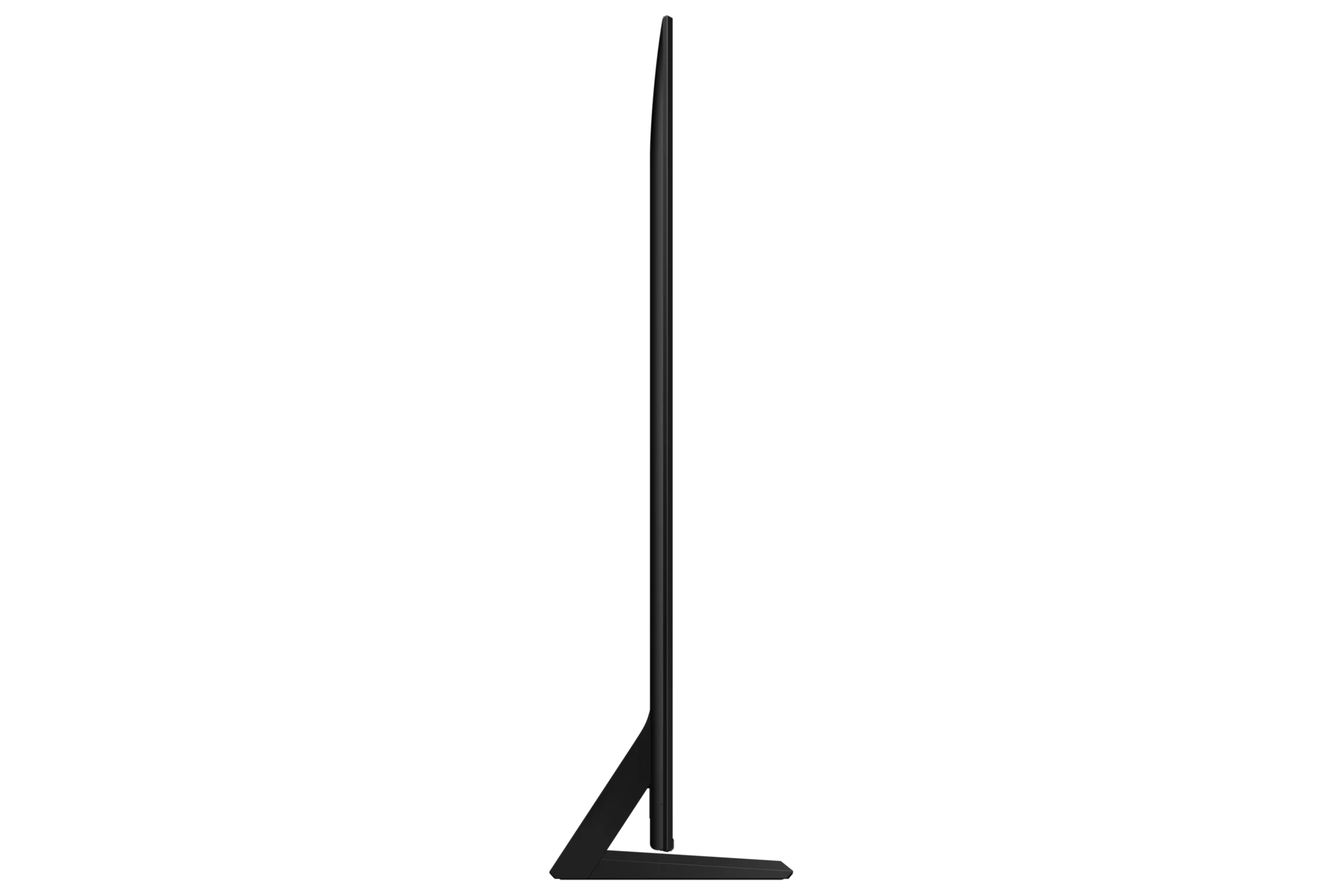 Side profile of the Samsung QN70F showing its slim panel depth and angled stand leg
