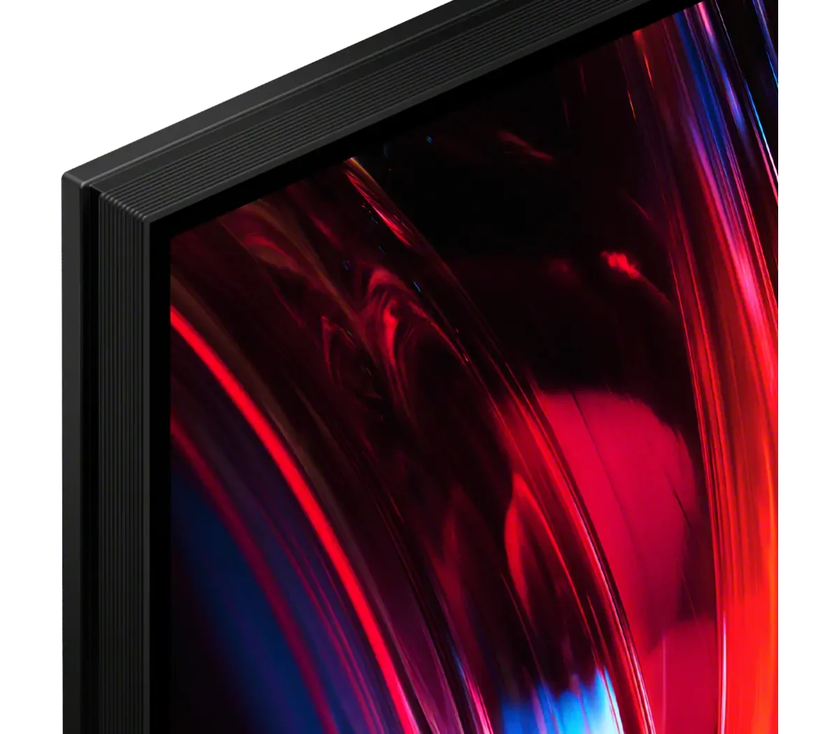 Extreme close-up of the top corner of the BRAVIA 9 II screen and bezel, showing the thin dark frame against red screen content.