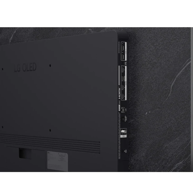 Close-up angled view of the LG C6 OLED TV's rear HDMI and USB port panel against a dark stone-textured wall
