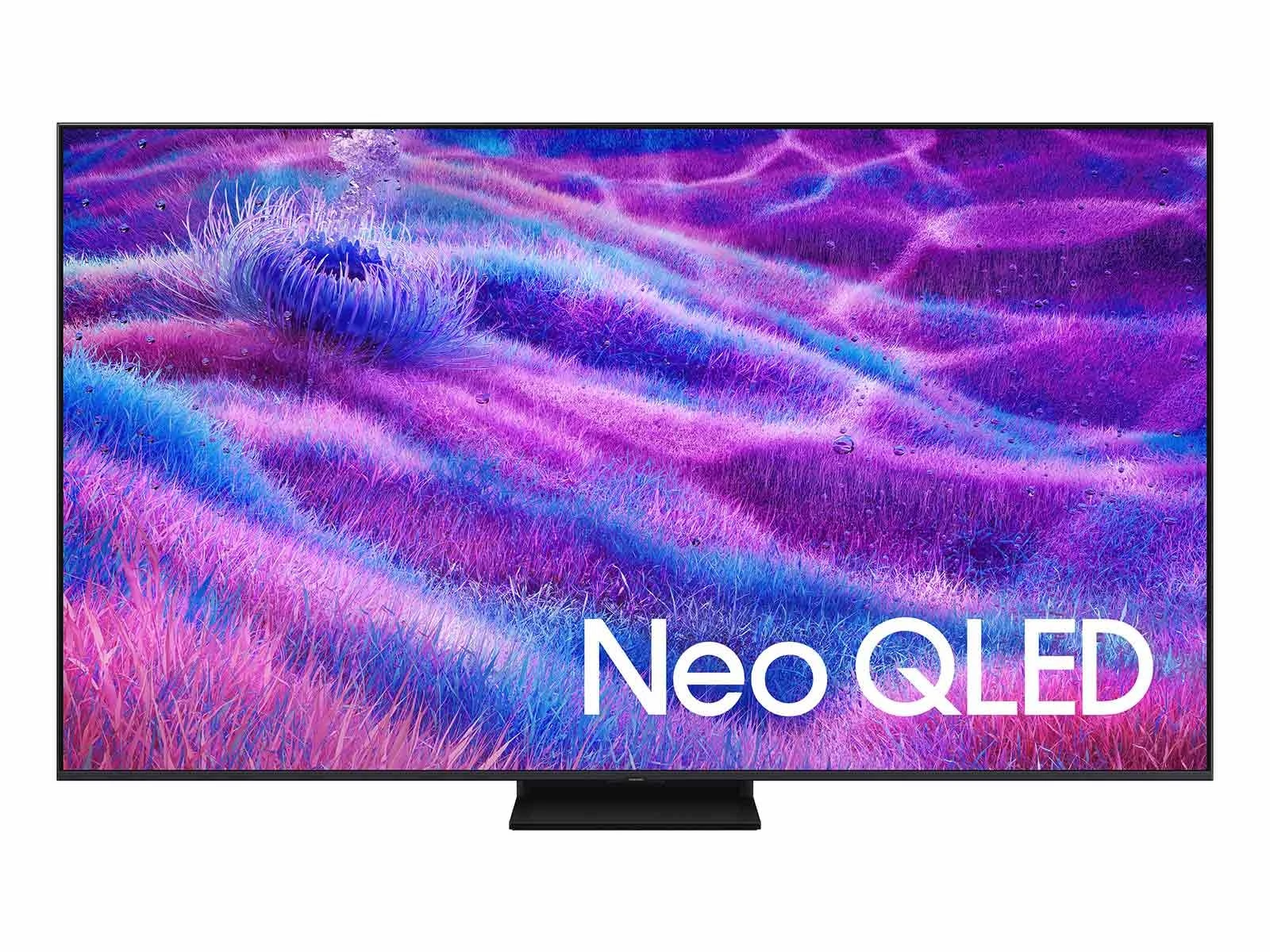 The Neo QLED 4K QN80F shown straight on with a purple and blue grass-like abstract wallpaper and 'Neo QLED' text on screen, on its center pedestal stand.
