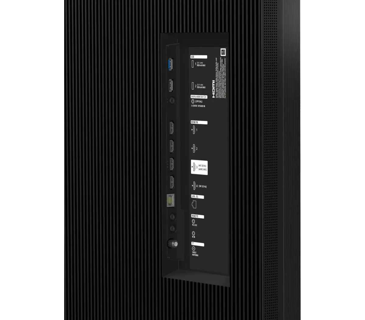Close-up of the BRAVIA 9 II's rear connection panel, showing labeled USB, HDMI, optical audio, LAN and antenna ports.