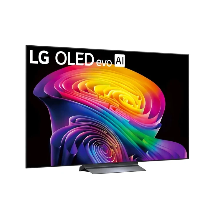 Side profile of the LG C6 OLED TV on its stand, showing the panel's thin edge