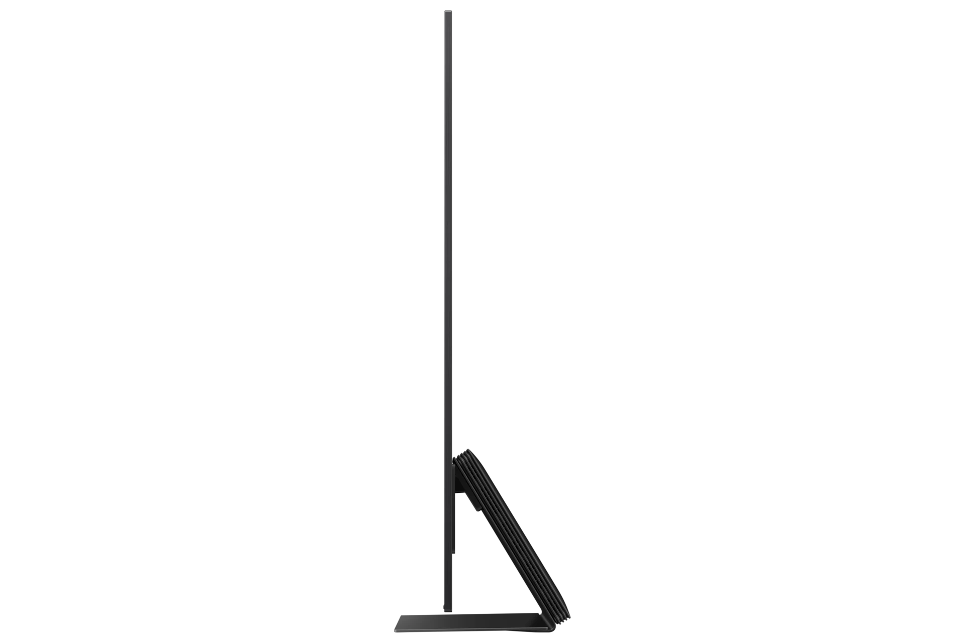 Side profile of the Samsung S95F showing its ultra-slim OLED panel and angled rear stand