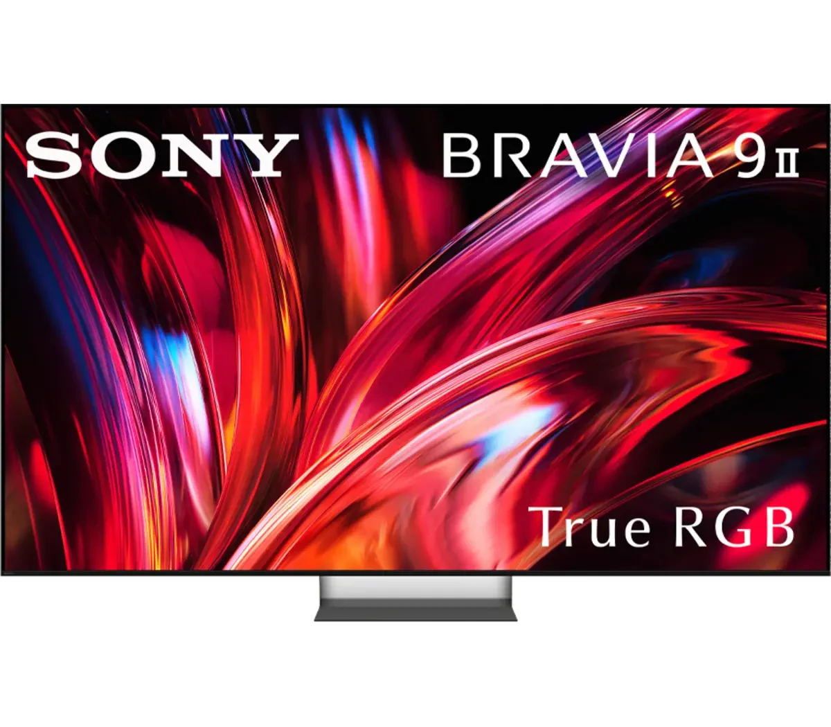 Front view of the Sony BRAVIA 9 II on its stand, screen showing vivid red abstract artwork with SONY, BRAVIA 9 II and True RGB branding overlaid.