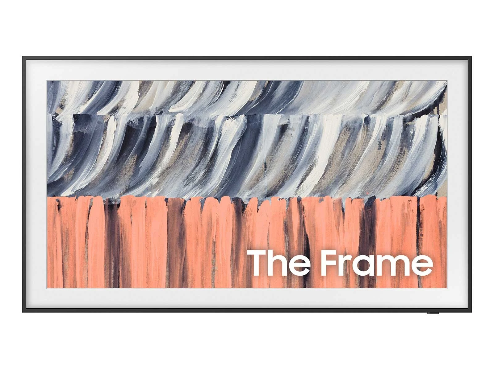 The Frame shown straight on in Art Mode, displaying a gray and coral abstract painting in a thin black frame with a white mat border.