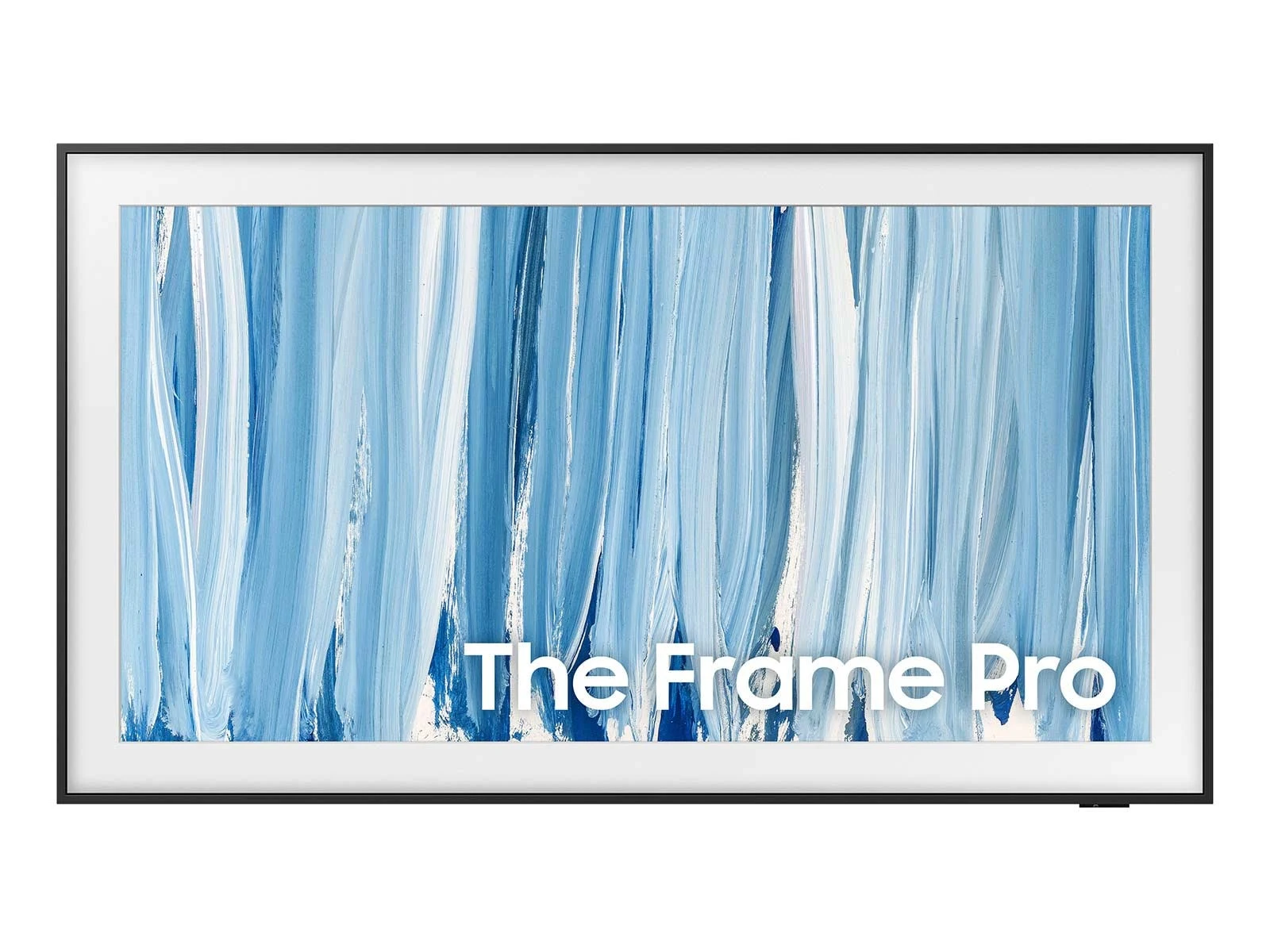 The Frame Pro shown straight on in Art Mode, displaying a blue and white abstract painting in a thin black frame with a white mat border.