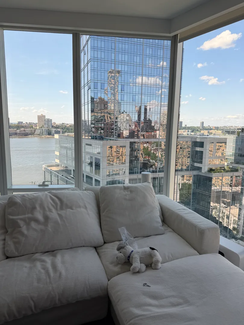 The living room sofa and floor-to-ceiling window view of the Hudson River, with a stuffed toy dog on a cushion.