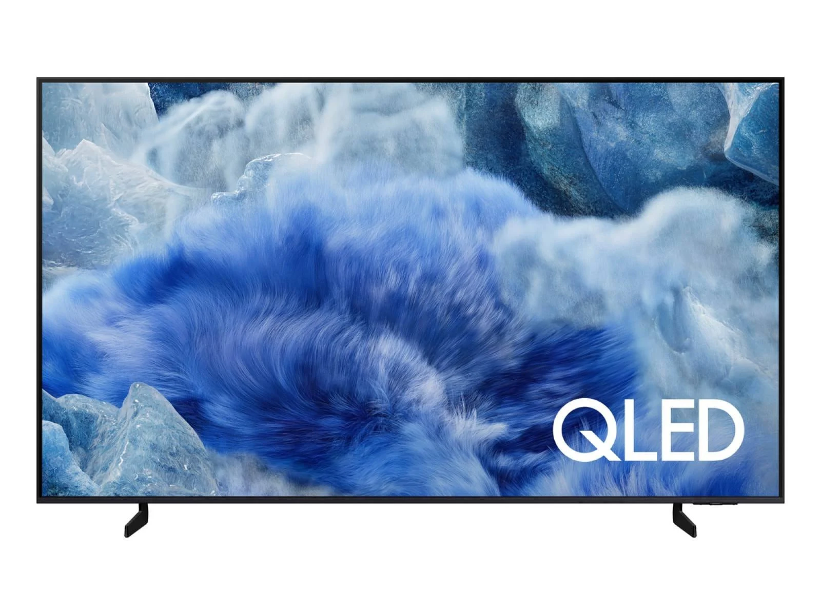 Samsung QLED Q8F front view with a blue furred abstract ice image on screen and a QLED logo