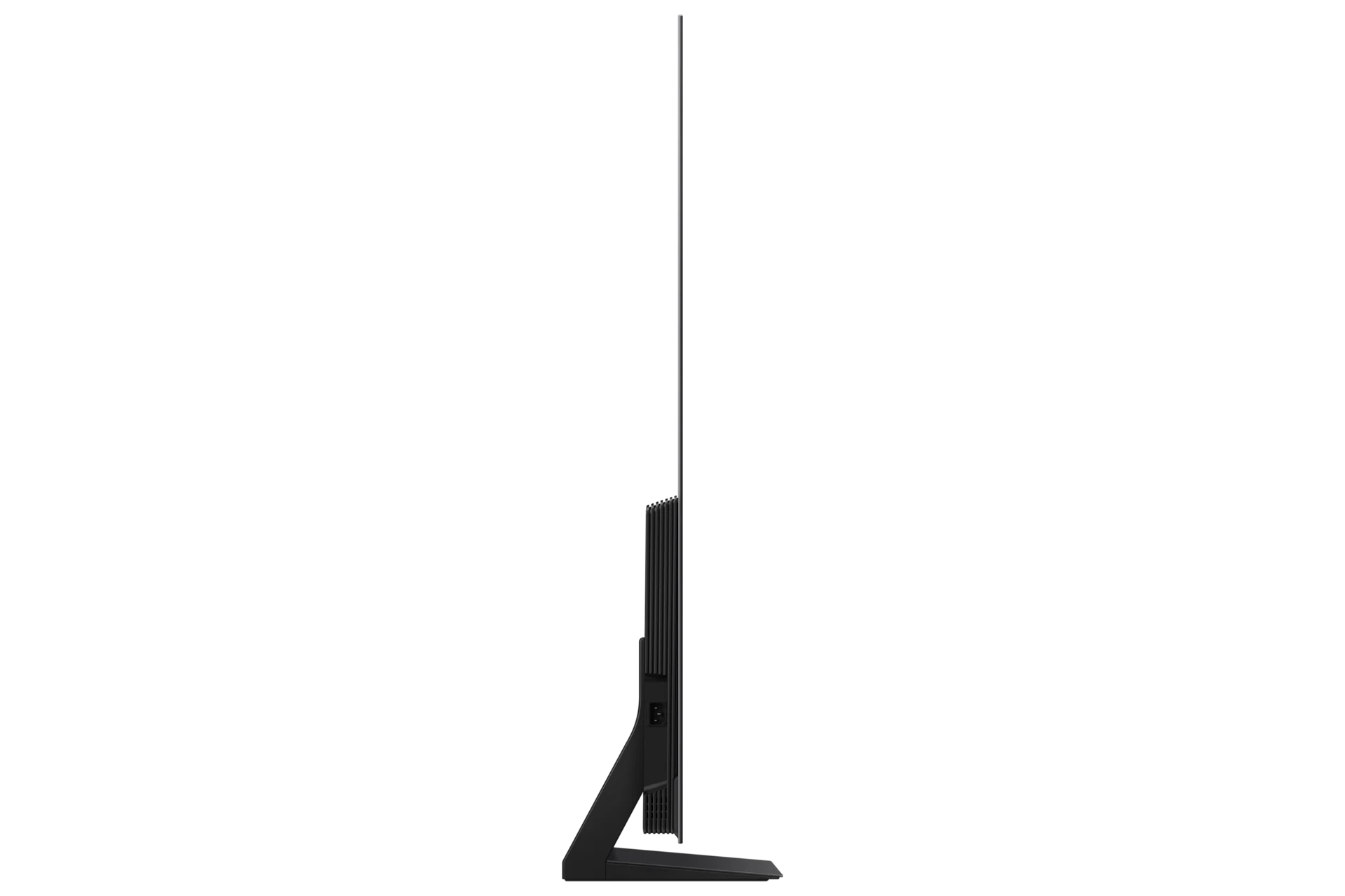 Side profile of the Samsung S90F showing its thin OLED panel and the ridged rear stand connector