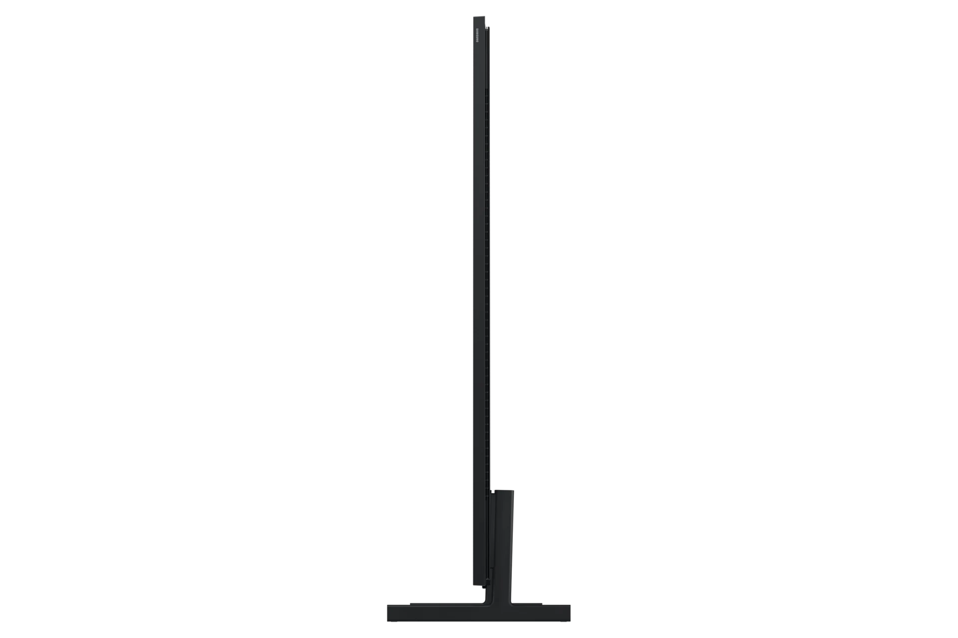 Straight-on side profile of The Frame Pro showing how thin the panel is, with the small foot stand at the base.
