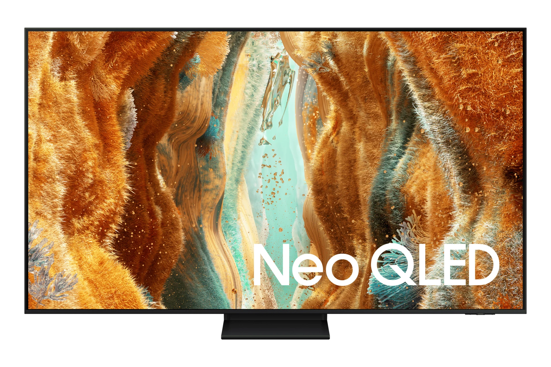 Samsung Neo QLED QN70F front view with a colorful abstract canyon scene on screen, showing the Neo QLED logo
