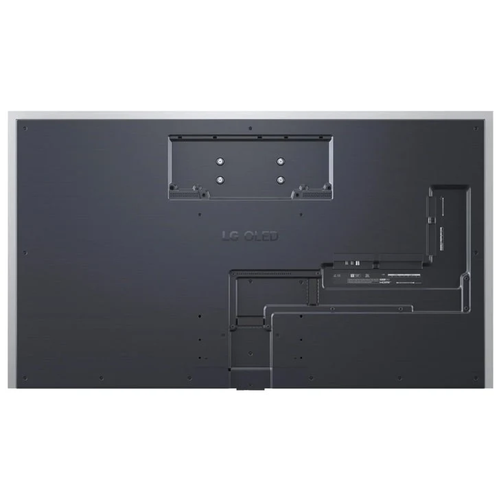 Rear view of the LG G6 OLED TV's back panel, showing the embossed LG OLED logo and wall-mount bracket holes