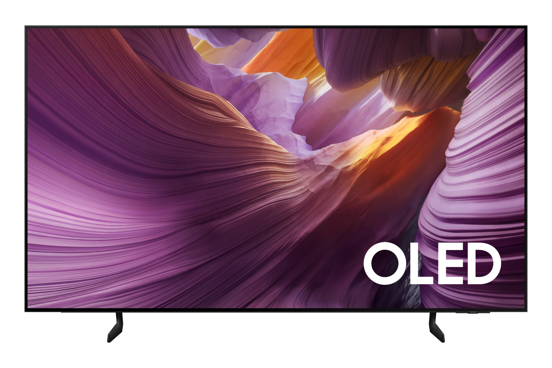 Samsung OLED S85F front view with a purple and orange abstract canyon image on screen and an OLED logo