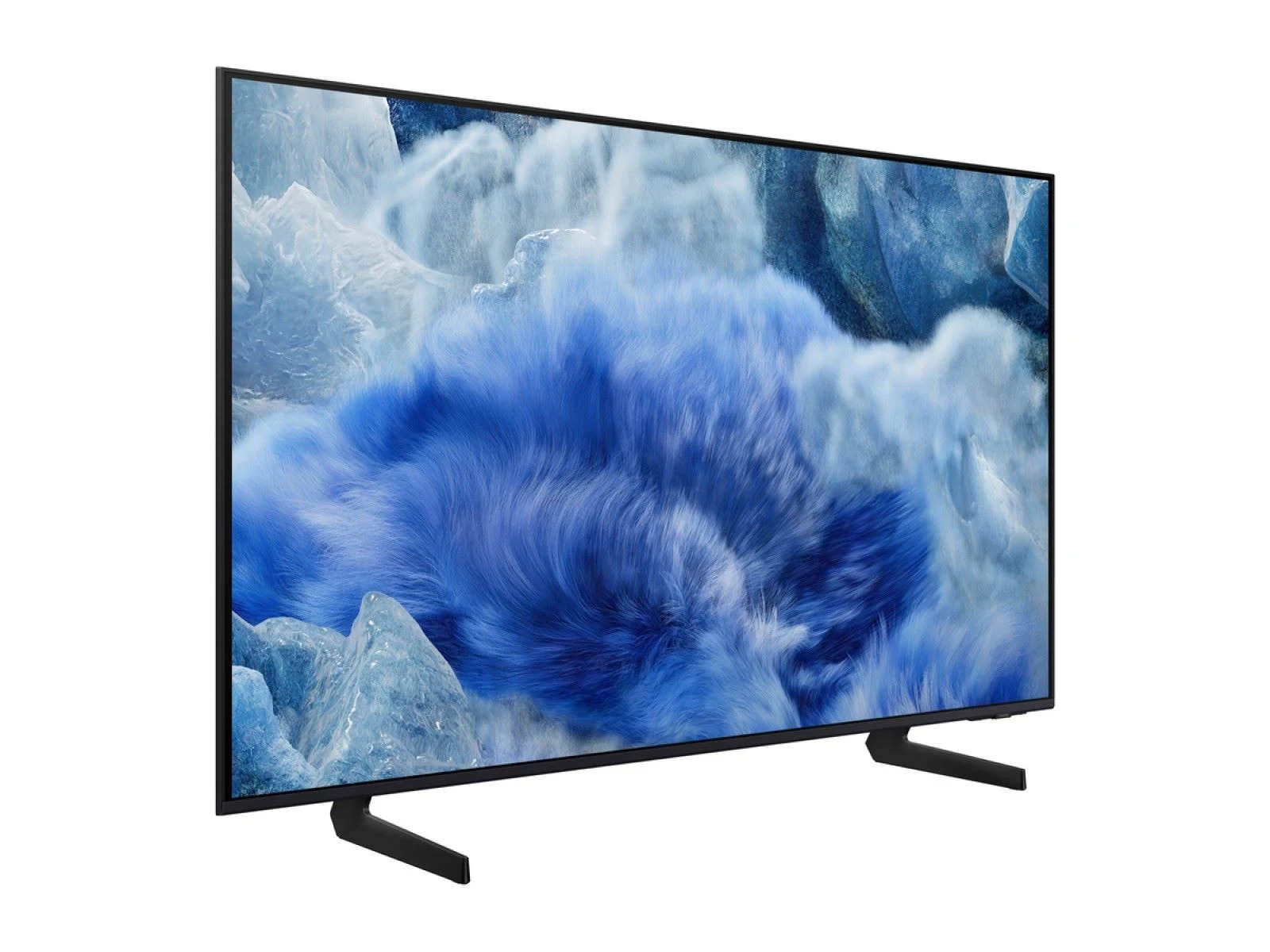 Samsung QLED Q8F viewed from a three-quarter angle, showing the panel and its two splayed feet