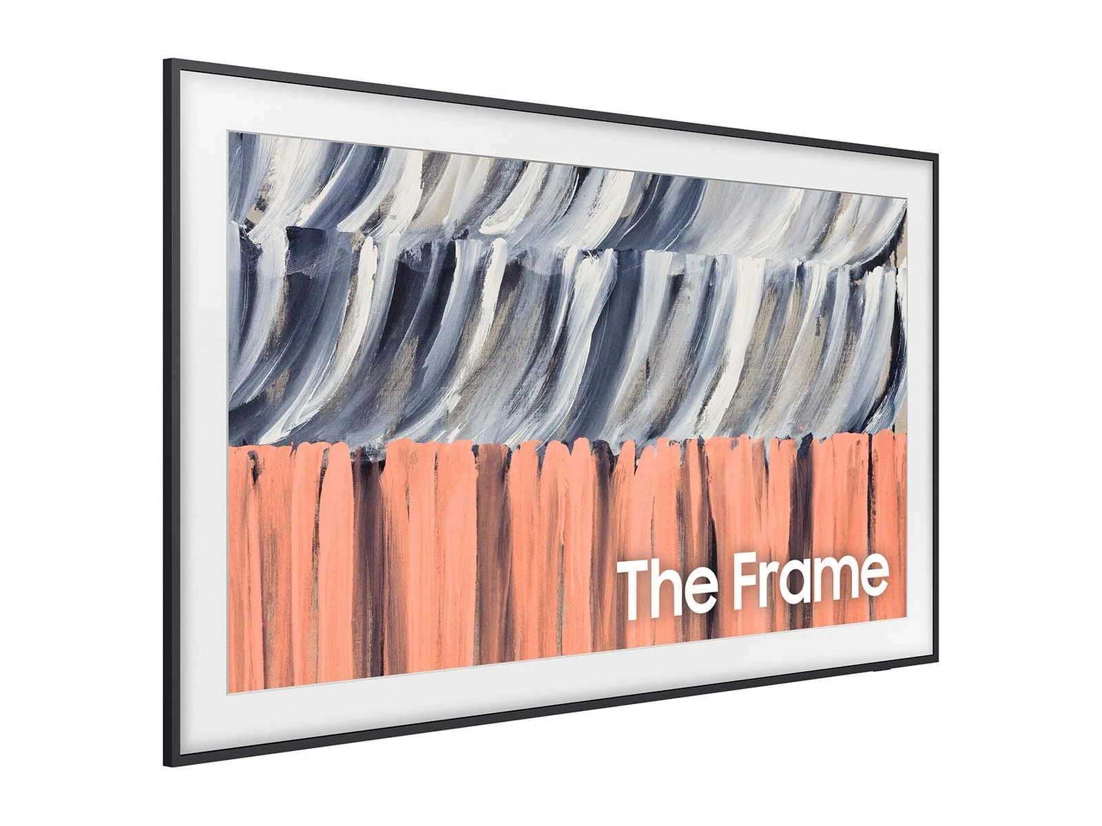 Three-quarter angle view of The Frame, showing the slim black frame profile and white mat around the art-mode screen.