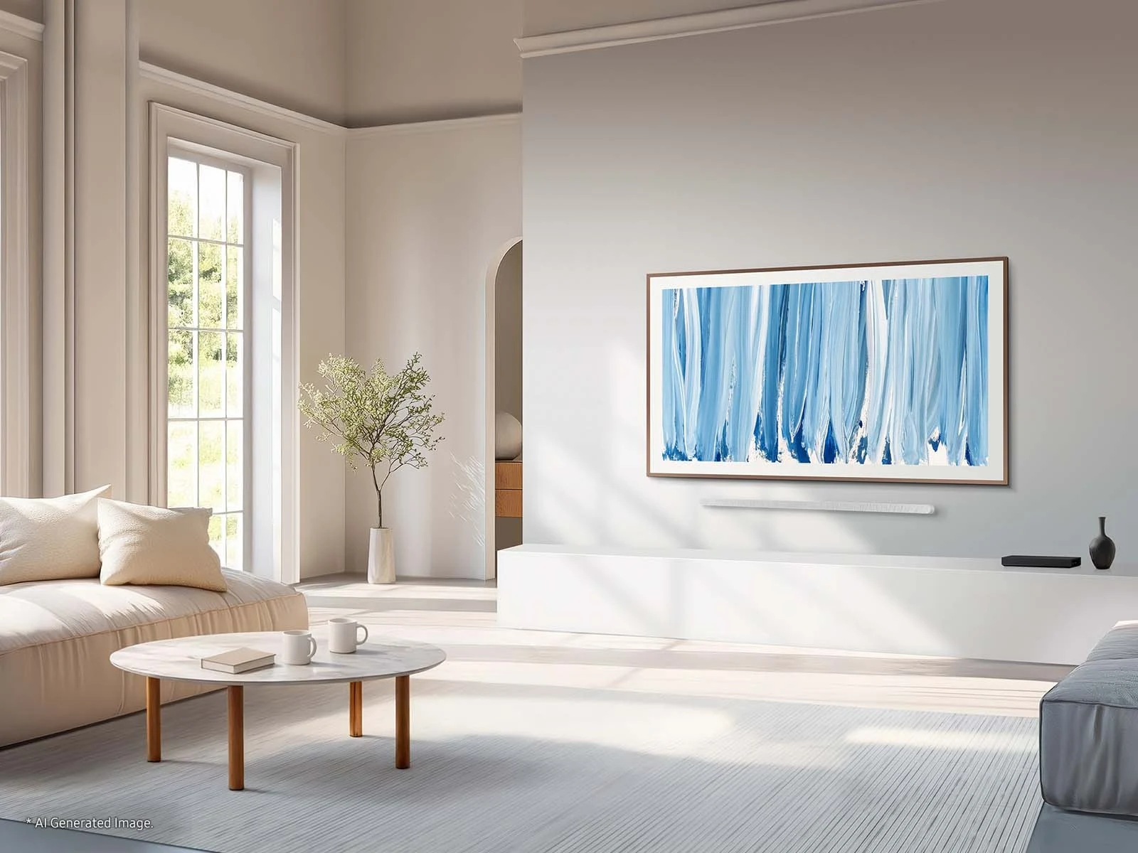 The Frame Pro in a walnut-tone frame mounted in a bright, sunlit living room above a soundbar, with a beige sofa and round coffee table in the foreground.