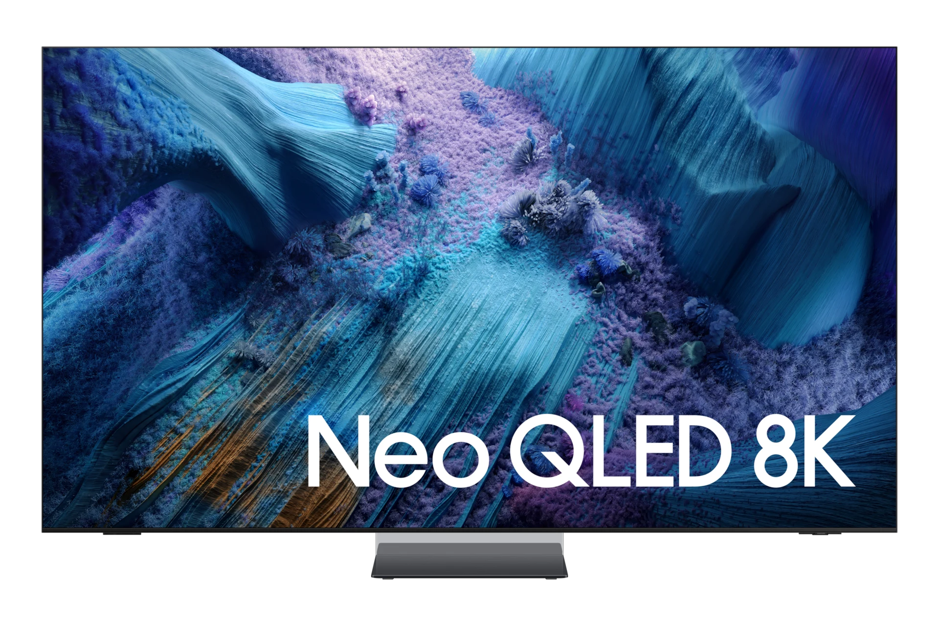 The Neo QLED 8K QN990F shown straight on with a blue and purple abstract wallpaper and 'Neo QLED 8K' text on screen, on its center pedestal stand.