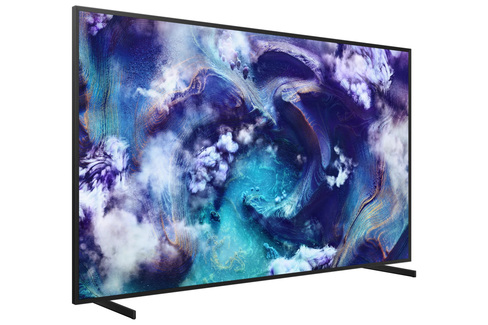 Three-quarter angle view of the QN900F, showing its thin bezel and dual-leg stand against a blue and purple cloud-like screen image.
