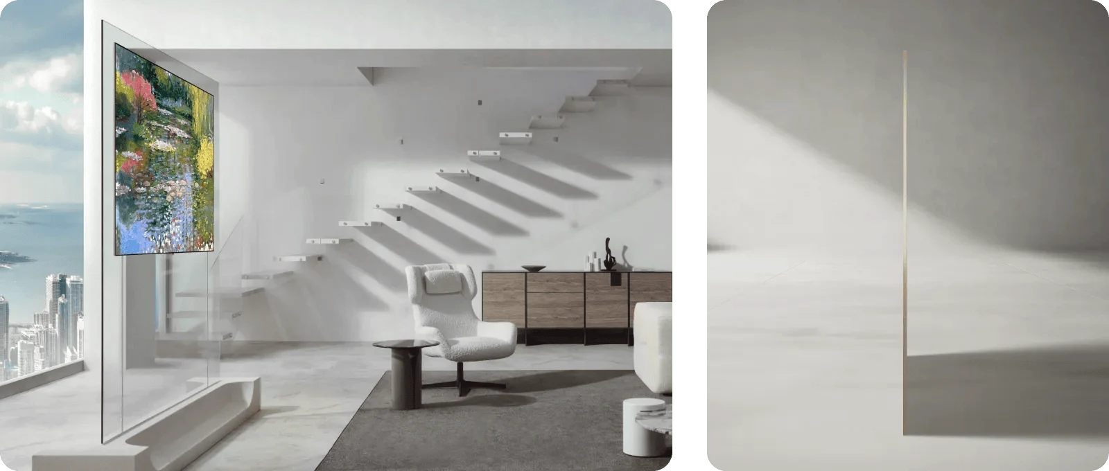LG OLED W6 shown two ways side by side: mounted on a glass partition displaying a landscape painting in a bright penthouse, and in close side profile showing its razor-thin panel edge