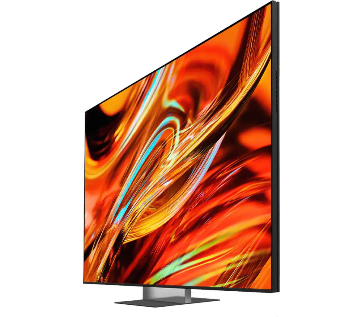 Dramatic side-angle view of the BRAVIA 7 II screen showing orange and gold abstract artwork, with the thin bezel and stand visible.
