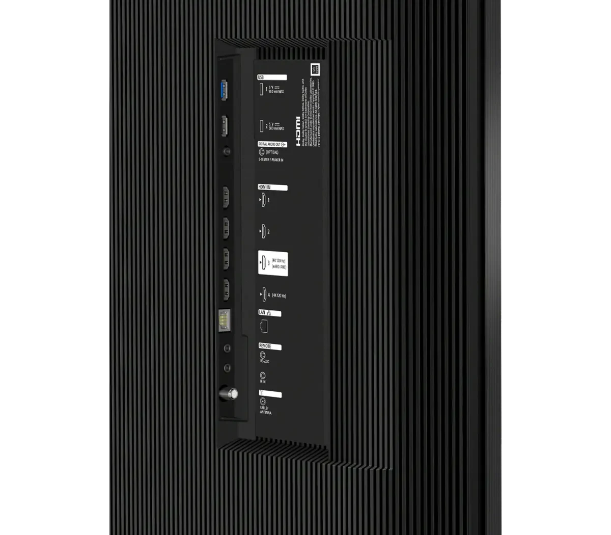 Close-up of the BRAVIA 7 II's rear connection panel, showing labeled USB, HDMI, optical audio, LAN and antenna ports.