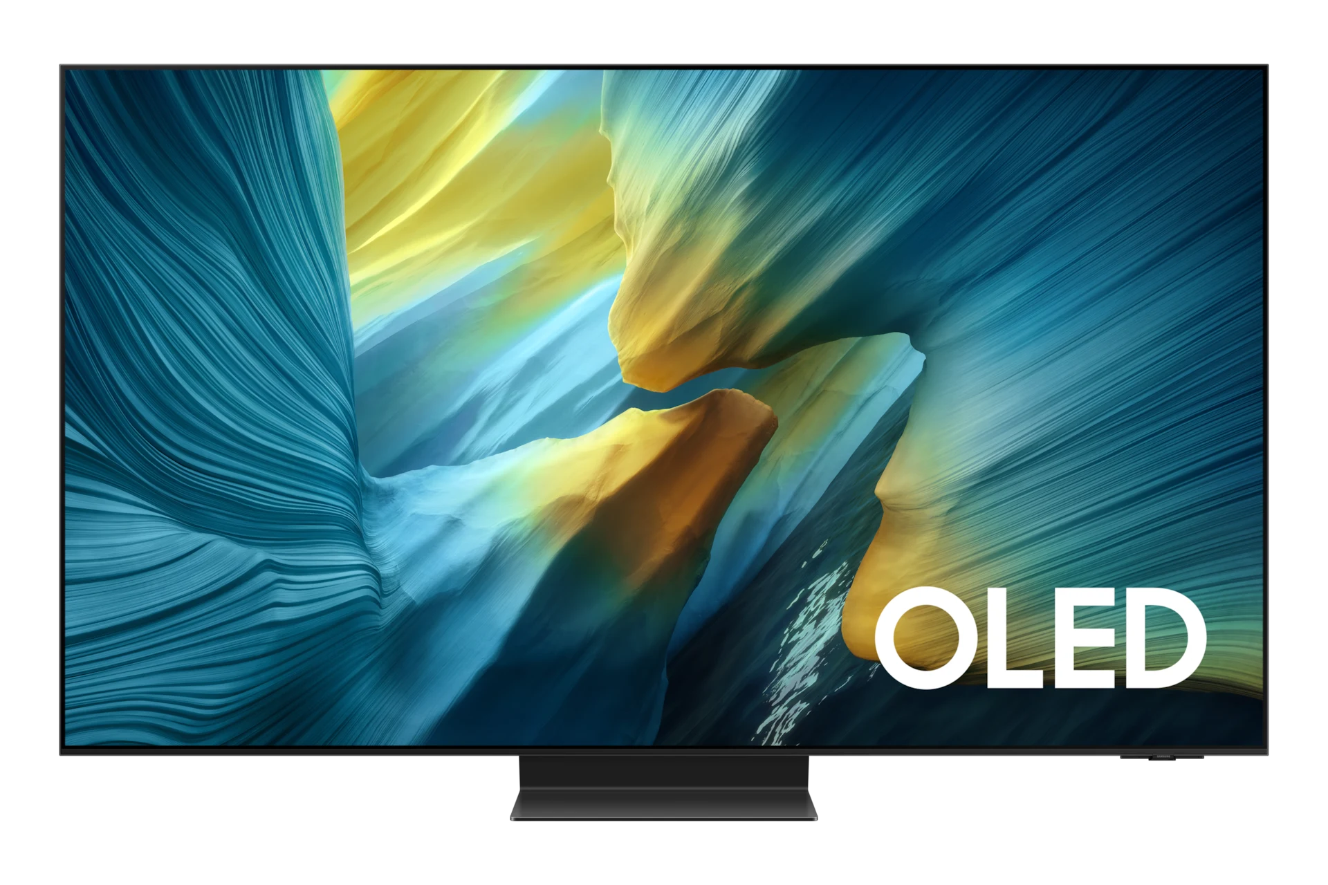 Samsung OLED S95F front view with a blue and yellow abstract canyon image on screen and an OLED logo