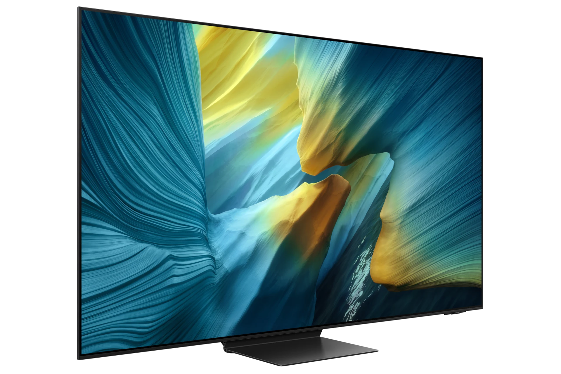 Samsung OLED S95F viewed from an angle, showing its extremely thin panel and center stand